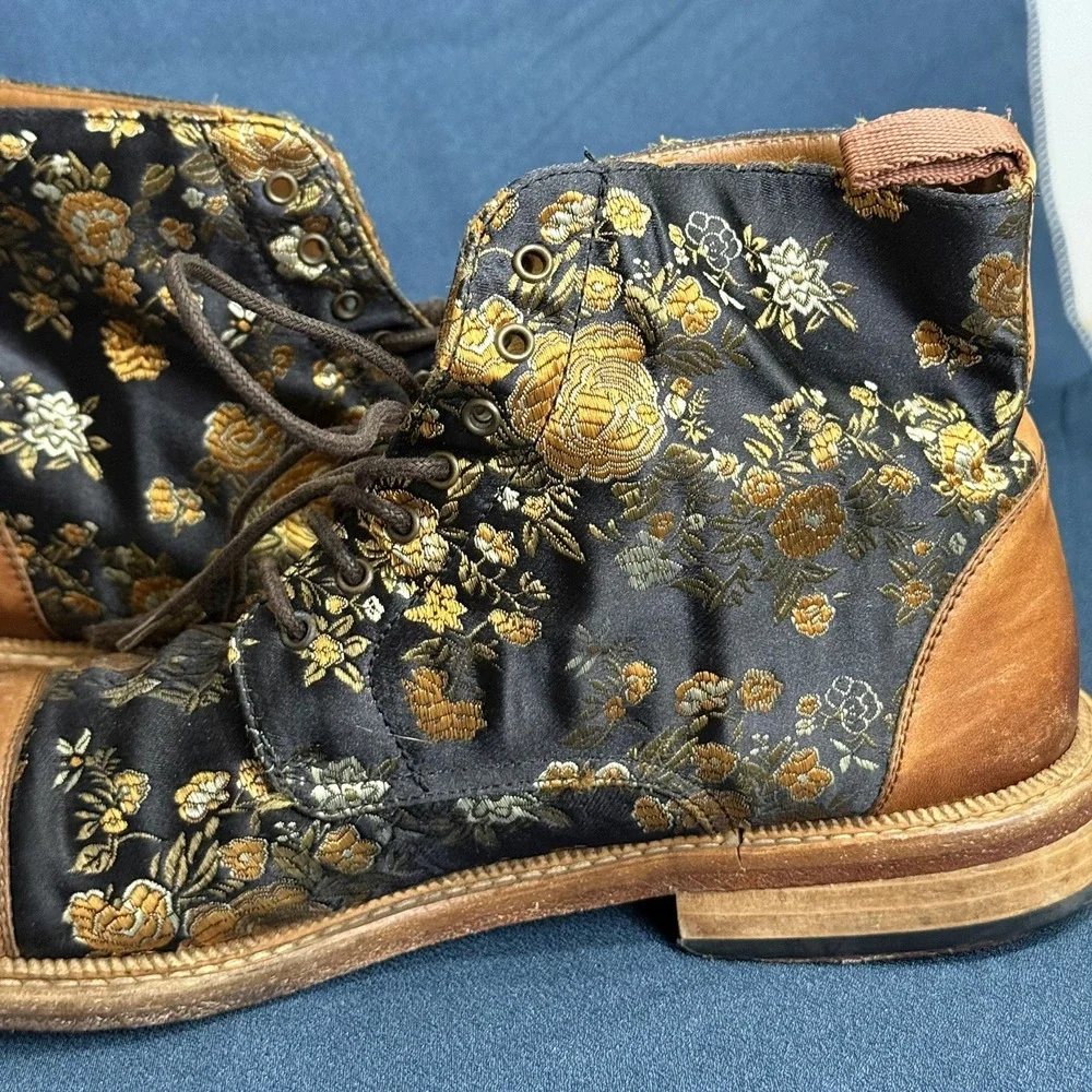 TAFT Mens Floral Cap Toe Lace Up Ankle Boots Brown Gold EU 42 US 9